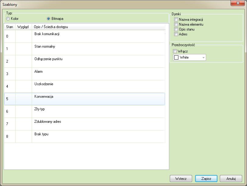 Bitmapa Przeźroczystość opcja Włącz wybiera przeźroczystość, opcja wyboru koloru jaki kolor ma być przeźroczysty na bitmapie Dymki: Nazwa integracji po najechaniu na element zostanie wyświetlona