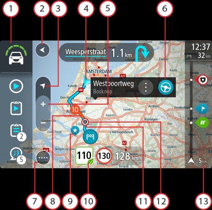 Elementy ekranu aplikacji Nawigacja TomTom Widok mapy W przypadku braku zaplanowanej trasy wyświetlany jest widok mapy.
