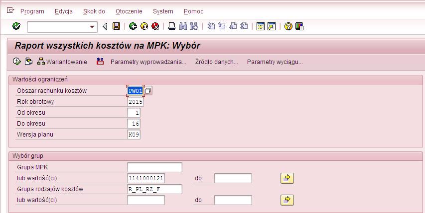 Przykład 4 Cel przykładu: Zmiana wartości wpisanych na wersji planu K09 na kwoty zaksięgowane w 2015 r. dla MPK 1141000121.