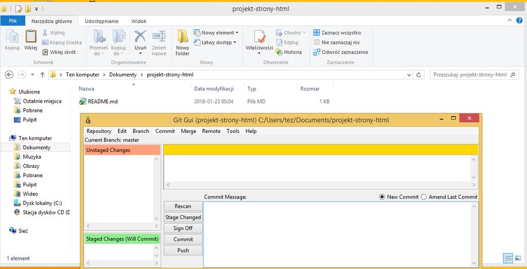 5) możemy rozpocząć pracę nad naszym projektem. W ramach ćwiczenia utworzony został folder css, w którym dołożony został nowy plik styl.css. W głównym katalogu repozytorium znajduje się natomiast plik index.