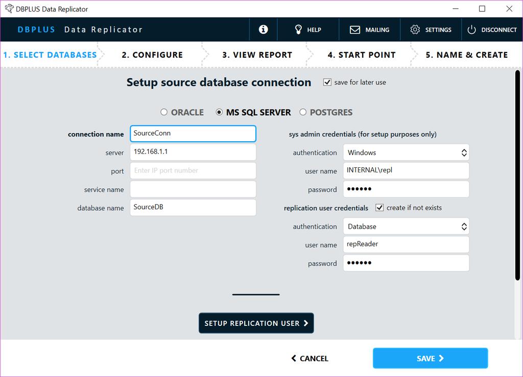 MS SQL Server W polu connection name wprowadzamy dowolną wybraną przez siebie nazwę dla połączenia. Wprowadzona tu nazwa będzie później używana przez program.