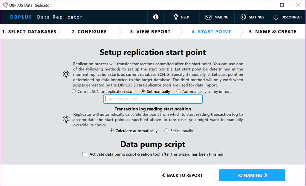 Current SCN on replication start Set manually Automatically set by import W momencie pierwszego uruchomienia proces replikacji odczytuje wartość bieżącego SCN w bazie źródłowej.