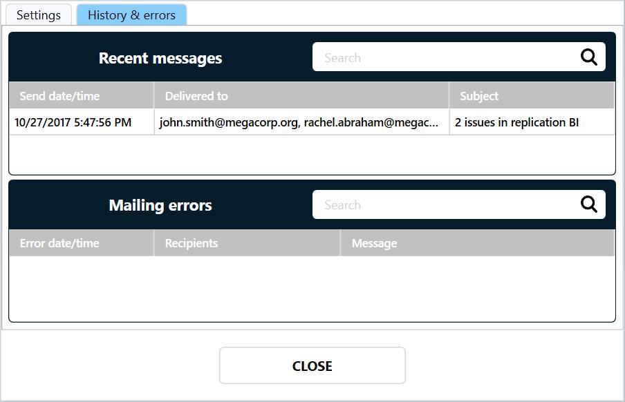 Lista błędów Mailing errors prezentuje tylko aktywne błędy, tj. takie które aktualnie uniemożliwiają dostarczenie wiadomości o problemach replikacji do adresatów. 6.
