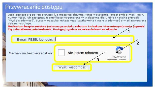 Wpisz adres e-mail ucznia (1), zaznacz, że nie jestem robotem (2),