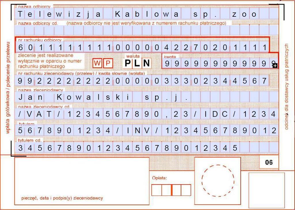 Przykład prawidłowo wypełnionego przelewu w metodzie podzielonej płatności: Dane zaczynamy