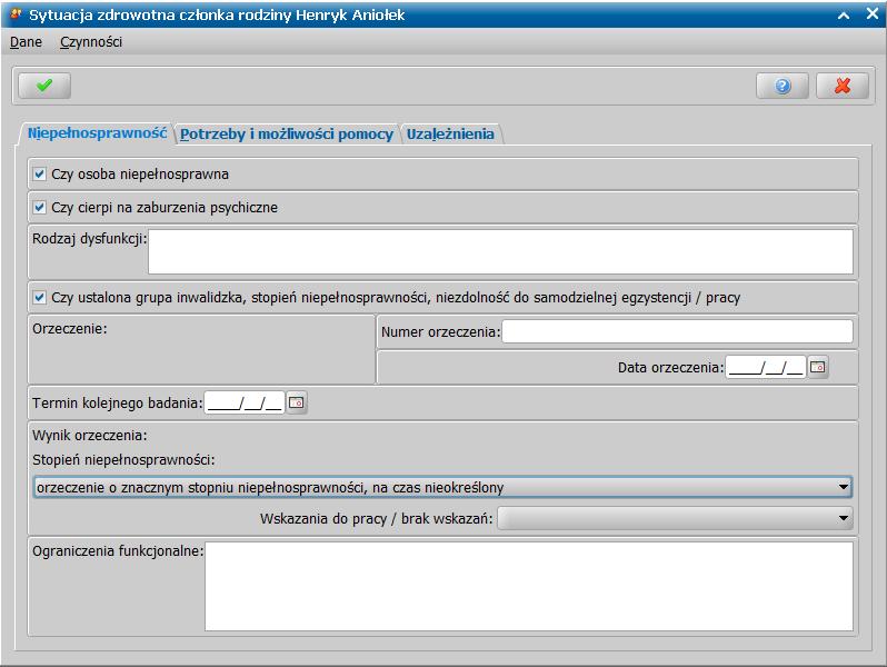 Wówczas stopień niepełnosprawności zostanie odczytany ze wskazanego wywiadu z okna Sytuacja zdrowotna członka rodziny <imię i nazwisko>, pod warunkiem że informacja Stopień niepełnosprawności w