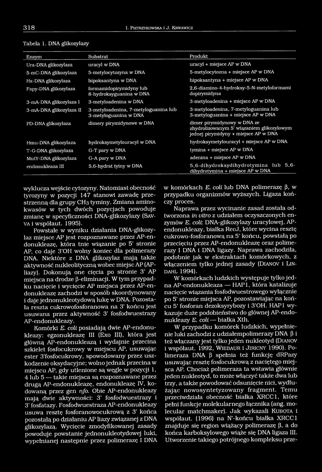 hipoksantyna w DNA hipoksantyna + miejsce AP w DNA Fapy-DNA glikozylaza formamidopiiymidyny lub 8-hydroksyguanina w DNA 2,6 -diamino- 4-hydroksy-5-N - metylofor mami dopirymidyna 3-mA-DNA glikozylaza