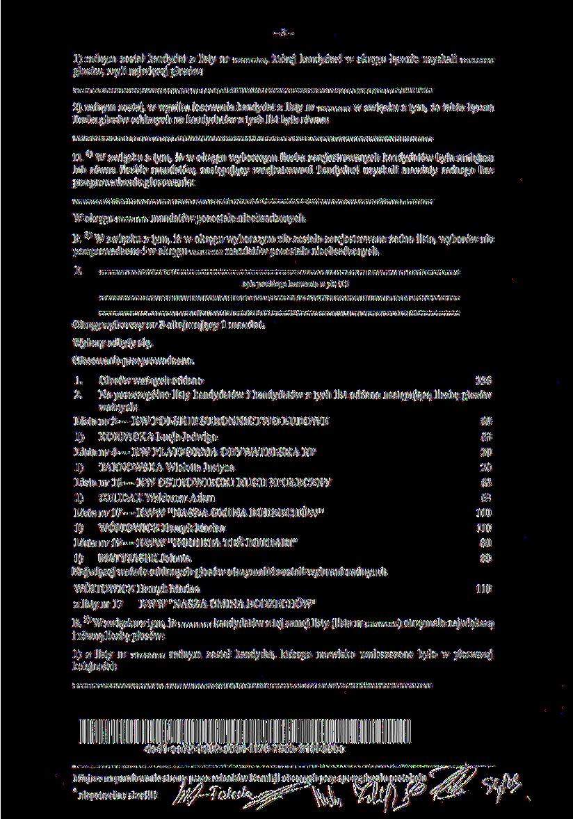 -3- I) radnym został k nuk-lii z listy nr..., które] kandydaci w okręgu, czyli najwięcej Ciosów: 2) radnym /Ofital, w wyniku losowania kandydat z listy nr w związku 7. tym.