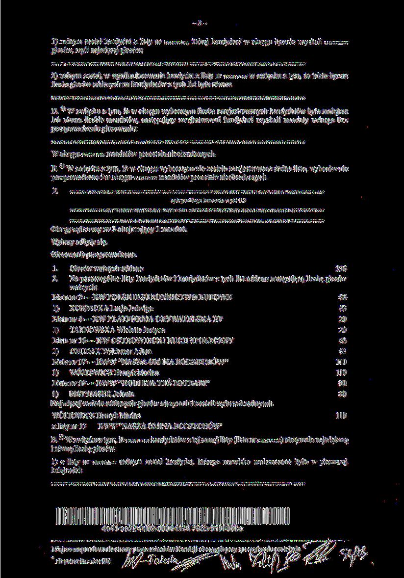 -3- I) radnym został k nuk-lii z listy nr..., które] kandydaci w okręgu, czyli najwięcej Ciosów: 2) radnym /Ofital, w wyniku losowania kandydat z listy nr w związku 7. tym.