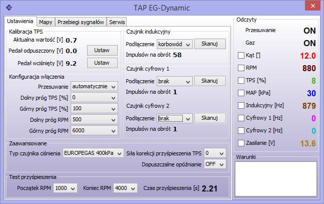 2.11.12. TAP Pokazuje interfejs i zakładki związane z konfiguracją wbudowanego wariatora wyprzedzenia kąta zapłonu EG Dynamic.