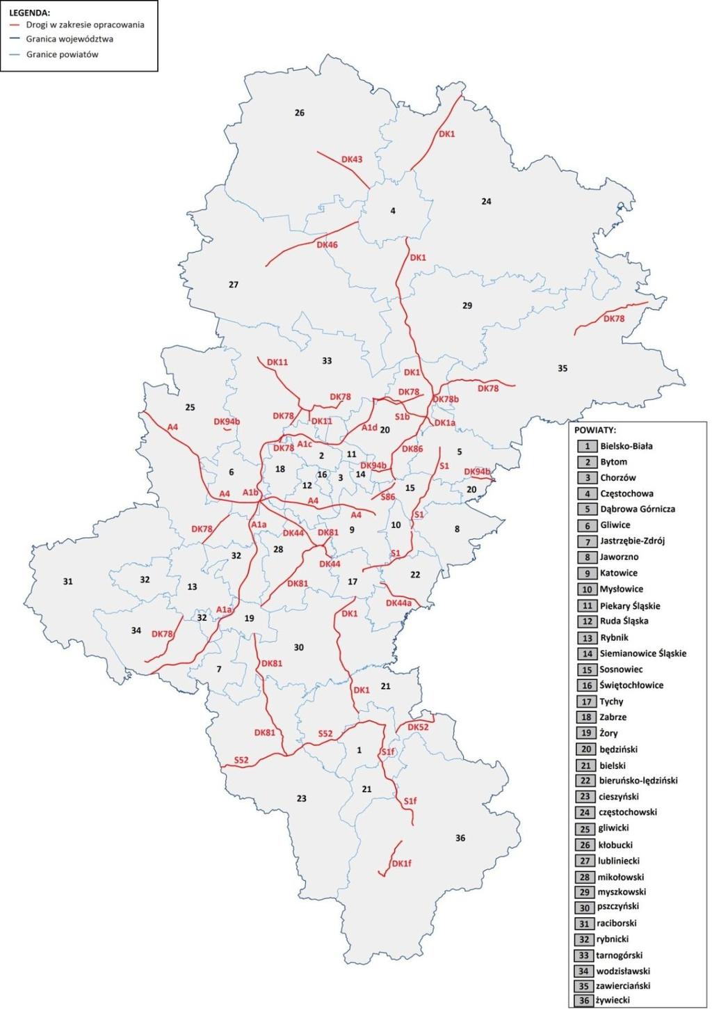 Wykonawca: Strona 16 z 163 Rys. 3 Lokalizacja odcinków krajowych na terenie województwa śląskiego objętych zakresem map akustycznych.