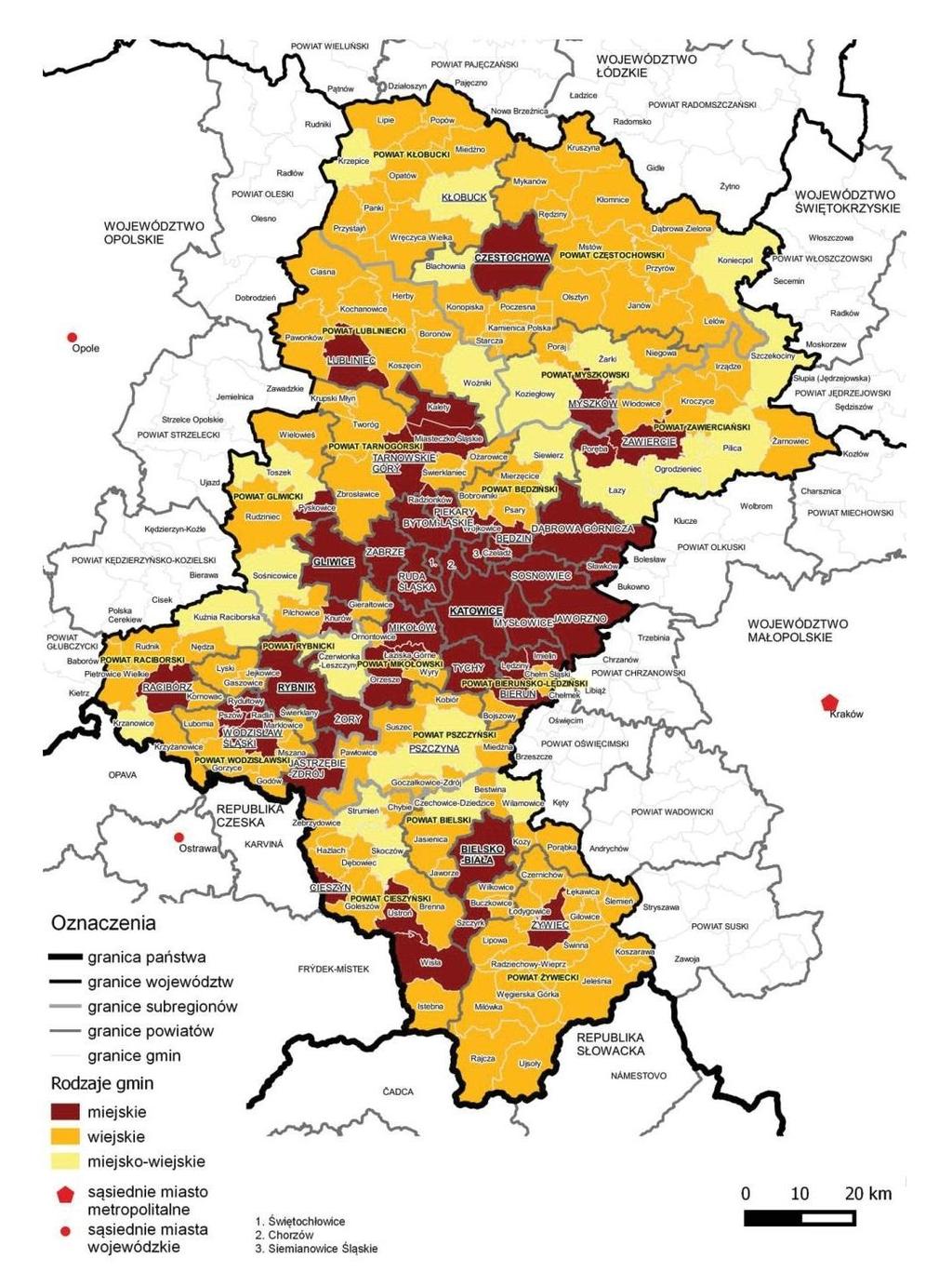 Wykonawca: Strona 42 z 163 Rys. 4 Podział administracyjny województwa śląskiego (Źródło: Plan Zagospodarowania Przestrzennego Województwa Śląskiego 2020+).