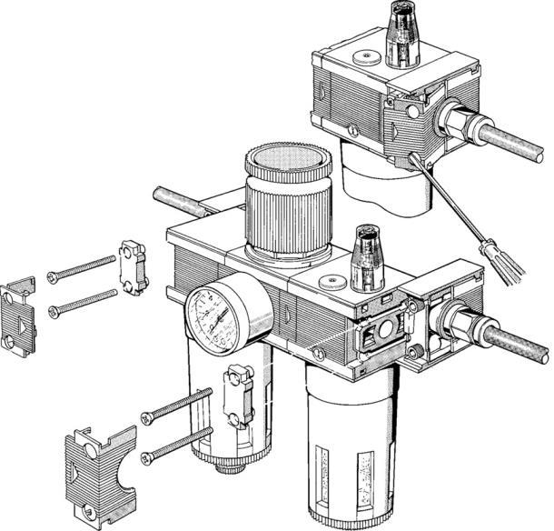 Zestaw V3V + FR + L Rozmiar: 100, 200, 300 Skład zestawu: zawór odcinający, filtr+zawór redukcyjny, smarownica Przyłącze: GW BSP 1/4 1" Zakres ciśn. wyjśc.