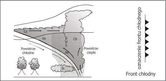 Front chłodny Front chłodny to granica pomiędzy powietrzem ciepłym i zimnym, z tym, że powietrze chłodniejsze wbija się pod powietrze ciepłe.