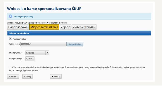 Po wypełnieniu wszystkich danych w tej zakładce należy użyć opcji Sprawdź token - po poprawnej weryfikacji numeru tokena na górze strony widoczny jest na niebieskim tle komunikat: