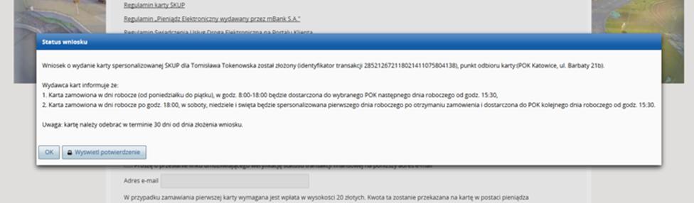 Wybór przycisku Tak finalizuje proces zamówienia karty na Portalu Klienta ŚKUP, pojawia się