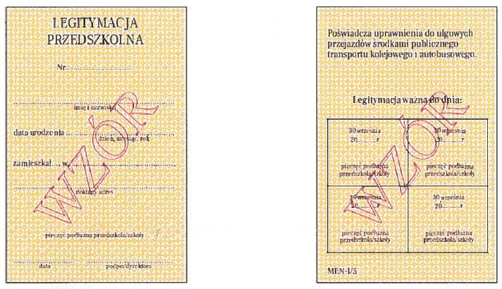 Wzór nr 15 do nr 20, 29 LEGITYMACJA PRZEDSZKOLNA DLA DZIECI NIEPEŁNOSPRAWNYCH
