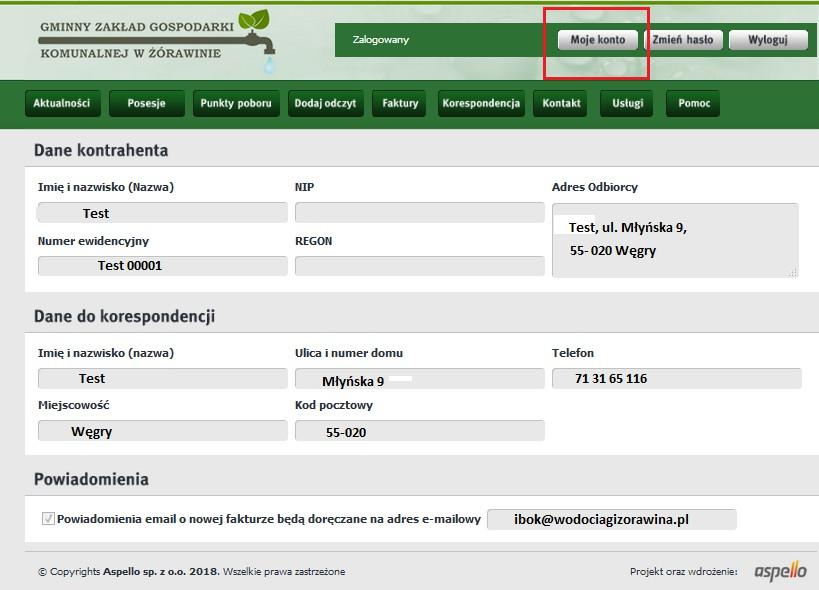 3.1. Moje konto Po przejściu do modułu Moje konto pojawia się nam formularz, które podzielony jest na 3 sekcje: 1. Dane kontrahenta, 2. Dane do korespondencji, 3. Powiadomienia.