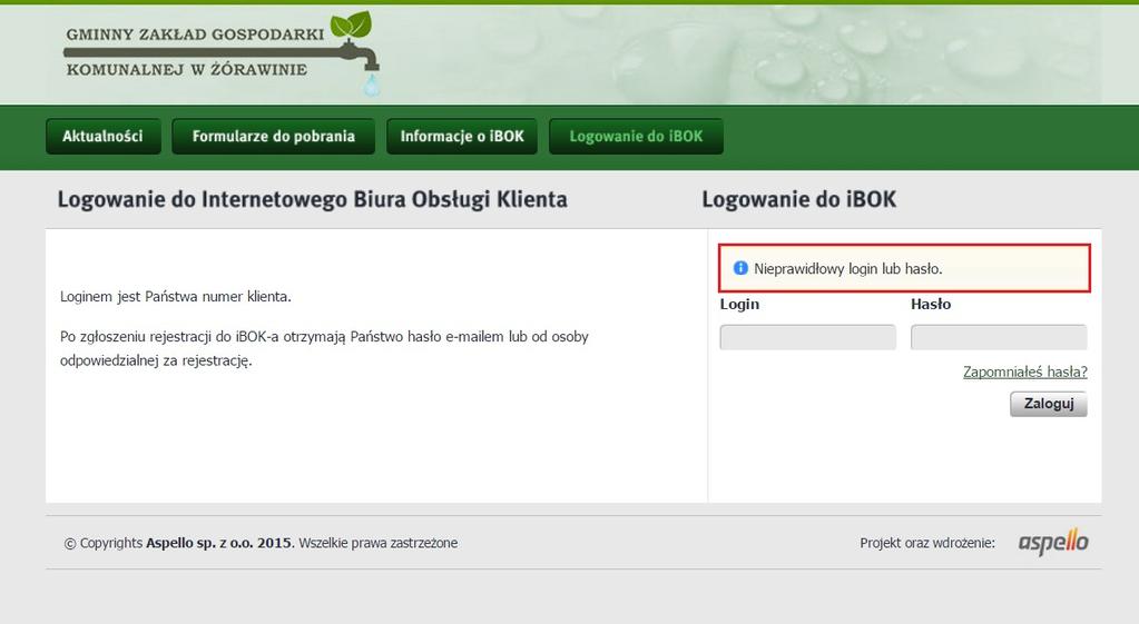 1. Logowanie do systemu Internetowego Biura Obsługi Klienta Logowanie do sytemu następuje na stronie https://wodociagizorawina.ibok.eu/informacje/aktualnosci (rys. 1).
