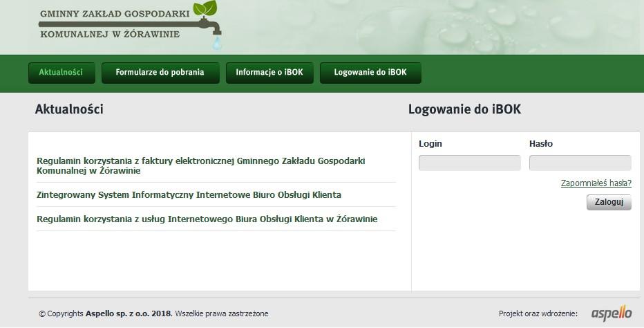 1 Zakładka Logowanie do i-bok Dostęp do usług oferowanych przez system możliwy jest wyłącznie dla zarejestrowanych klientów GZGK w Żórawinie, którzy posiadają konto w systemie.