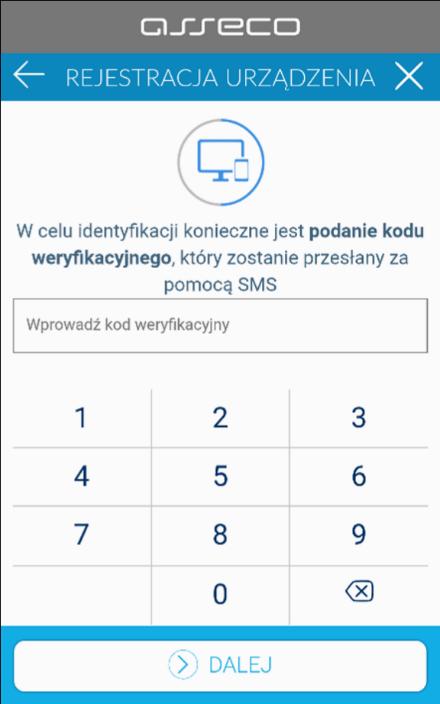 wprowadzenie kodu weryfikacyjnego - w kolejnym kroku w celu identyfikacji należy wprowadzić kolejny kod SMS otrzymany na wskazany nr telefonu wprowadzenie dodatkowych danych weryfikacyjnych - w