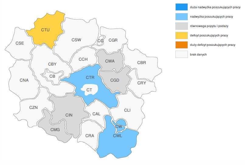 PROGNOZA NA 2017, WOJEWÓDZTWO KUJAWSKO-POMORSKIE RELACJA MIĘDZY DOSTĘPNĄ SIŁĄ ROBOCZĄ A ZAPOTRZEBOWANIEM NA PRACOWNIKÓW W GRUPIE ZAWODÓW: CERAMICY I RZEMIEŚLNICY OBRÓBKI SZKŁA WG POWIATÓW Źródło: