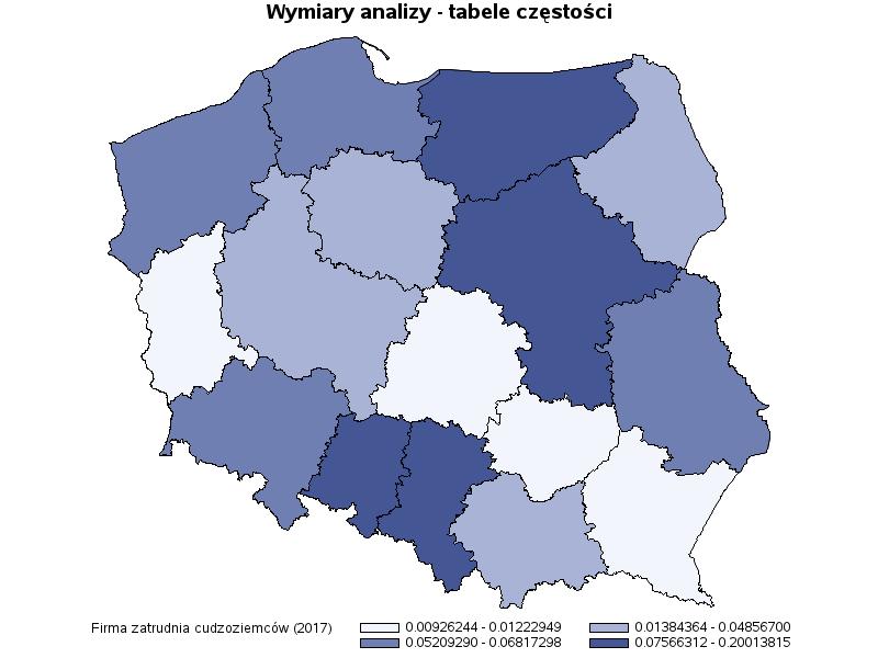Imigranci na polskim rynku pracy skala zjawiska Średnia krajowa: 6,8% 2016 2017 Średnia krajowa: 5,9% Sektor 2016 2017 Rolnictwo (A) 7.74% 0.63% Przemysł (B, C, D) 11.1% 11.3% Budownictwo (F) 5.58% 6.