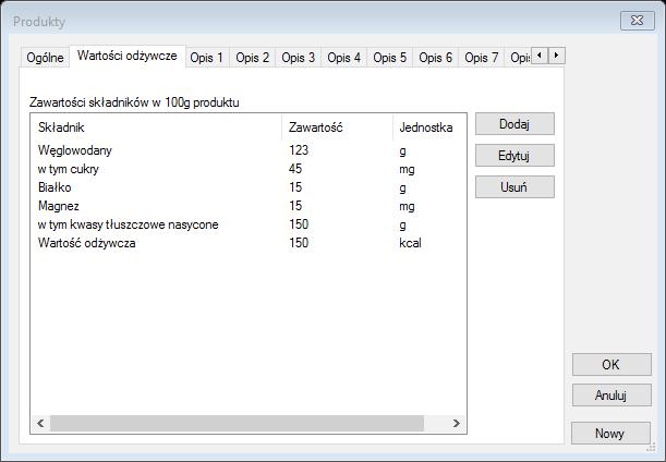 W zakładce tej znajduje się tabela wartości odżywczych składająca się z kolumn składnik, zawartość oraz jednostka.