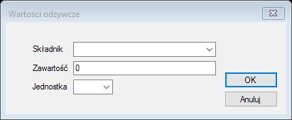Po wciśnięciu przycisku Dodaj pojawia się okno dialogowe: W polach tego okna edytujemy poszczególne cechy dodawanego składnika.