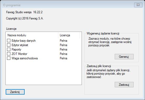 Do obsługi licencji służy okno dialogowe wywoływanie poleceniem menu Pomoc->O programie: Na liście Licencje znajduje się wykaz modułów