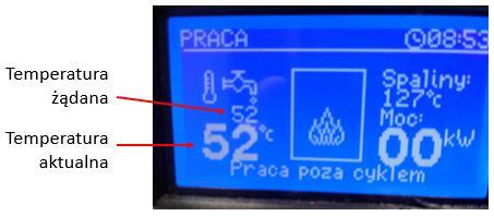 Kocioł pracuje do czasu, gdy aktualna temperatura w zasobniku jest niższa od temperatury żądanej. Pompa cały czas pracuje.