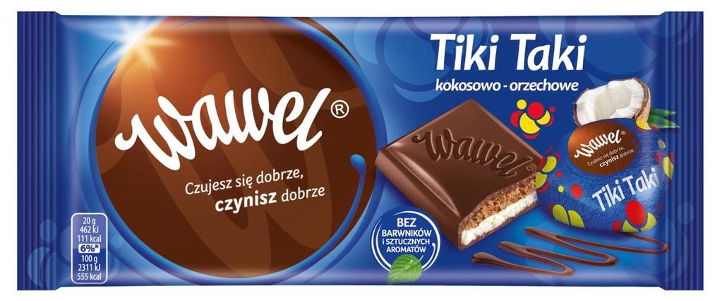 10. Czekolada Tiki Taki 100g Czekolada z nadzieniem (47%) kokosowo-orzechowym. Oprócz tłuszczu kakaowego zawiera tłuszcze roślinne.