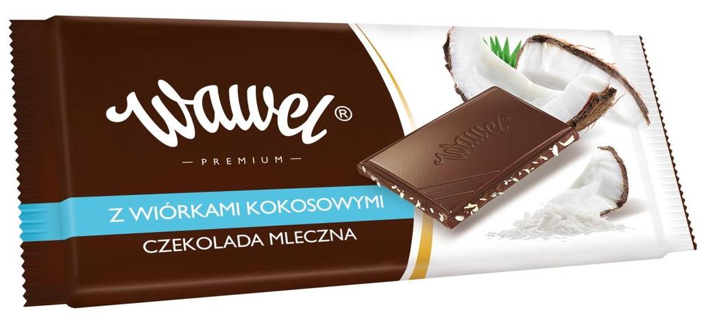 7. Czekolada Premium Mleczna z wiórkami kokosowymi 100g Składniki: cukier, mleko w proszku pełne, tłuszcz kakaowy, miazga kakaowa, wiórki kokosowe 5%, emulgatory: lecytyny (z soi), aromat, Czekolada