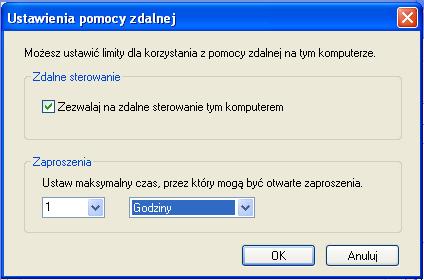 Upewnij się, że zaznaczona jest opcja Zdalnego sterowania, ustaw zaproszenia do 1 godziny, a