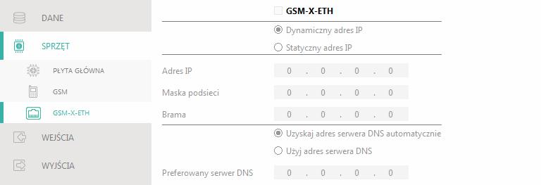 30 GSM-X SATEL 7.5.3 GSM-X-ETH Rys. 27. Zakładka GSM-X-ETH. GSM-X-ETH jeżeli opcja jest włączona, GSM-X obsługuje moduł GSM-X-ETH.