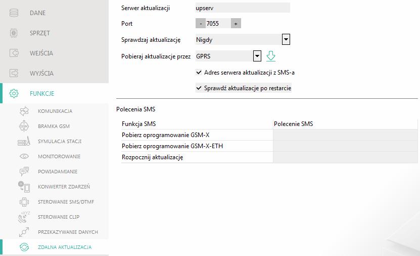 SATEL GSM-X 51 Rys. 41. Zakładka Zdalna aktualizacja. Serwer aktualizacji adres serwera aktualizacji UpServ. Możesz wpisać adres IP lub nazwę domeny.
