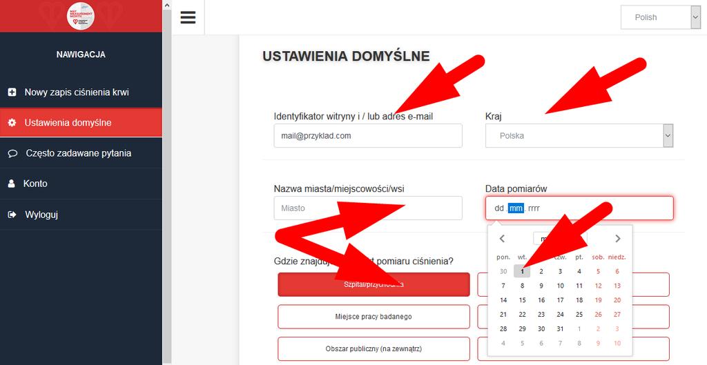 Po zalogowaniu do aplikacji MayMeasure należy zdefiniować USTAWIENIA DOMYŚLNE, które będą cały czas identyczne dla danego Badacza MMM18.