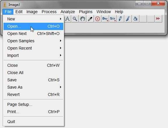 3. Podstawowe opcje ImageJ 3.1 Wczytanie dowolnego obrazu polecenie Open W celu przetworzenia obrazu w jakikolwiek sposób, należy go najpierw wczytać do programu. Do tego celu służy polecenie Open.