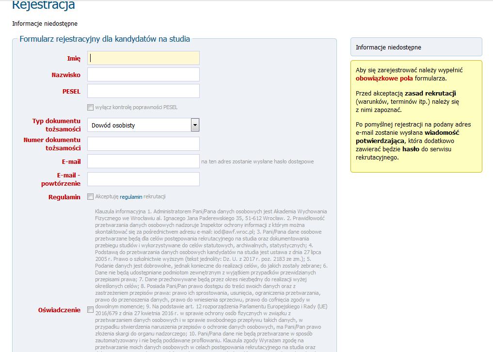 Rejestracja Na stronie https://omnis.awf.wroc.pl należy wybrać zakładkę Rejestracja.