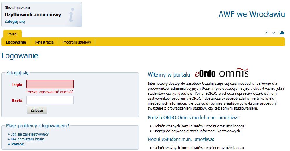 Logowanie Na stronie https://omnis.awf.wroc.pl należy wybrać zakładkę Logowanie.