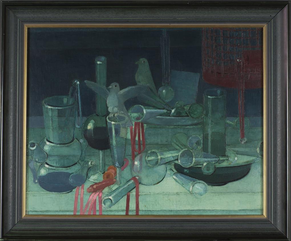 23. Kiejstut BEREźnIcKI (ur. 1935) MaRTwa NaTURA ze szklanymi NaCzyNKAMi olej, płótno, 40 x 50 cm, sygn. środek: 1976-77/ Martwa natura ze szklanymi naczynkami / Bereźnicki. 8.