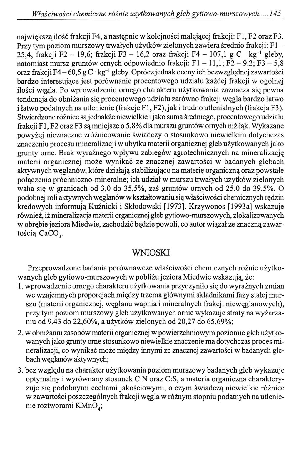 Właściwości chemiczne różnie użytkowanych gleb gytiowo-murszowych 145 największą ilość frakcji F4, a następnie w kolejności malejącej frakcji: F l, F2 oraz F3.