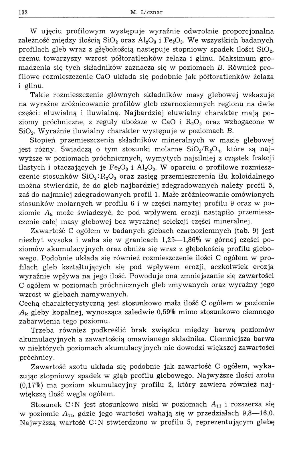 132 M. Licznar W ujęciu profilowym występuje wyraźnie odwrotnie proporcjonalna zależność między ilością S i0 2 oraz 0 3 i Fe20 3.