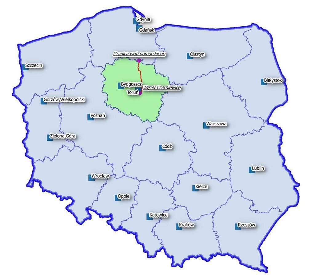 Rys. Lokalizacja analizowanego odcinka Autostrady A1 Przedmiotowy odcinek autostrady znajduje się w ciągu budowanej na osi północ południe autostrady płatnej A1