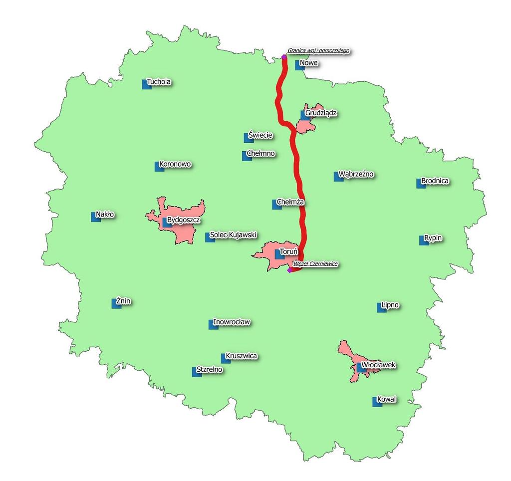 Rys. Lokalizacja analizowanego odcinka Autostrady A1 Dane dotyczące ludności zamieszkującej obszar w promieniu 1 km od osi autostrady określono zgodnie z wytycznymi GIOŚ na podstawie