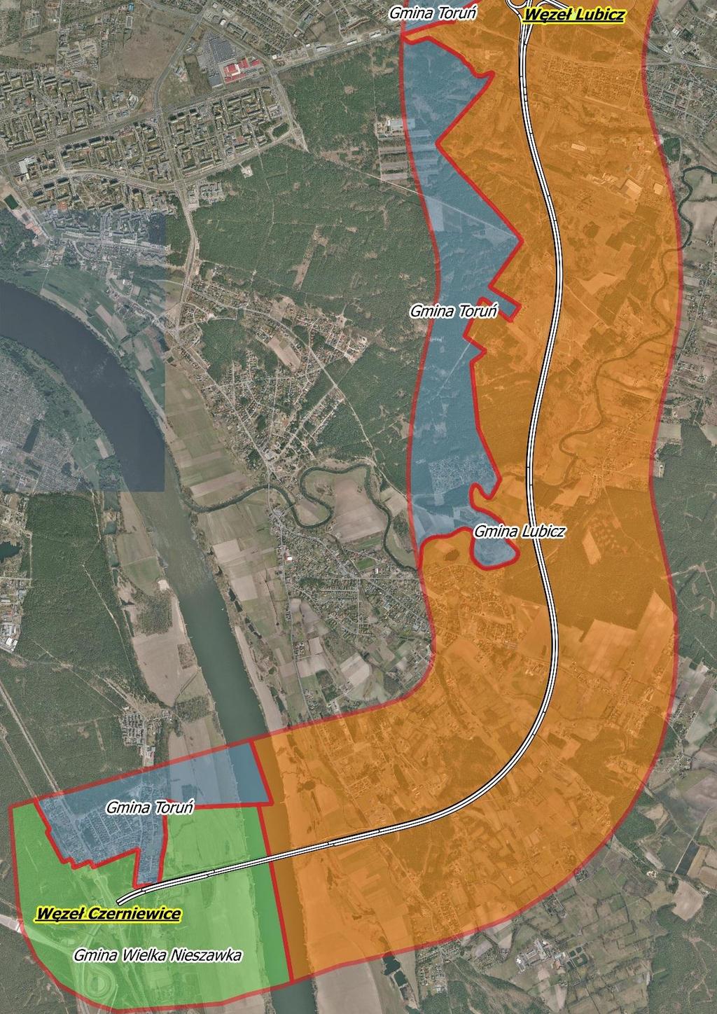 Rys. Lokalizacja Odcinka 4 Autostrady A1 Odcinek autostrady A1 Lubicz Czerniewice przebiega przez obszar administrowany przez jeden powiat - Toruński