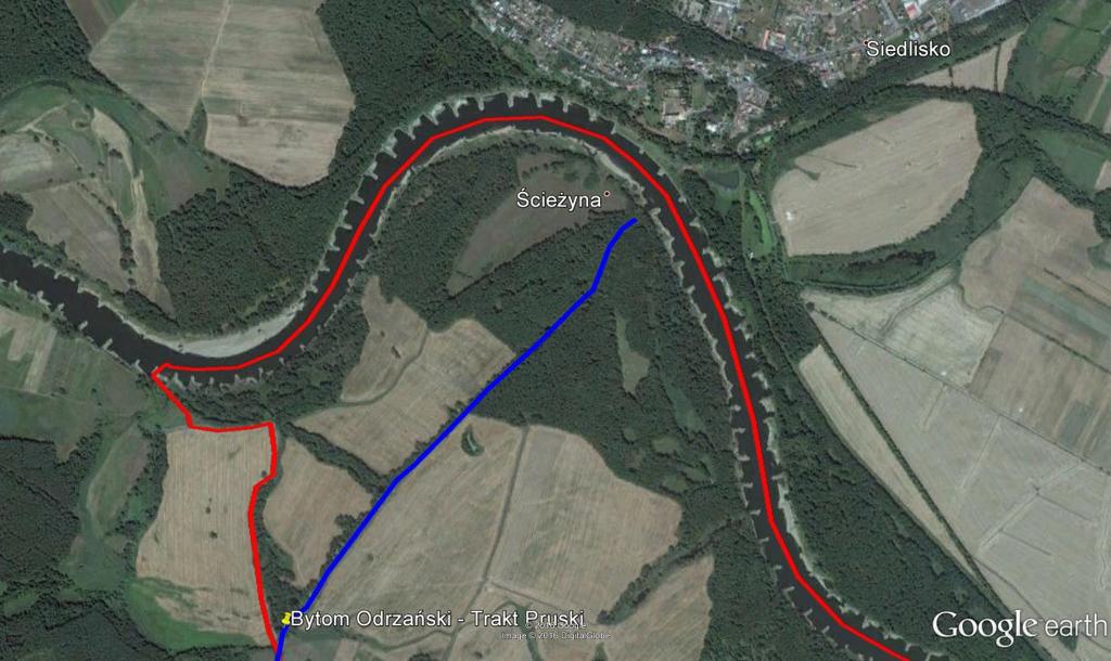Ryc. 5. Lokalizacja Traktu Pruskiego odcinku objętym inwentaryzacją tle obszaru opracowania (okolice Bytomia Odrzańskiego) [źródło: Google Earth, dostęp: 15-05- ].