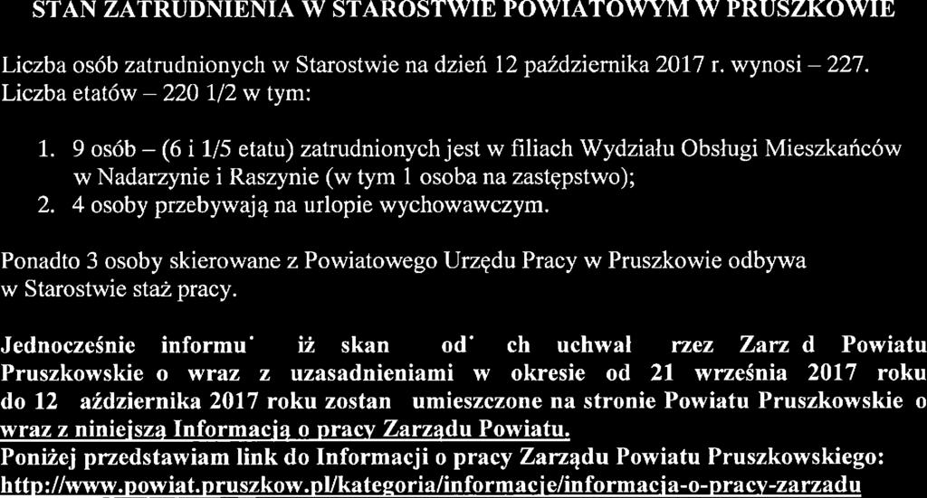 STAN ZATRUDNIENIA W STAROSTWIE POWIATOWYM W PRUSZOWIE Liczba osób zatrudnionych w Starostwi na dziń 12 paździmika 2017 r. wynosi 227 Liczba tatów 220 1/2 w tym: 1.