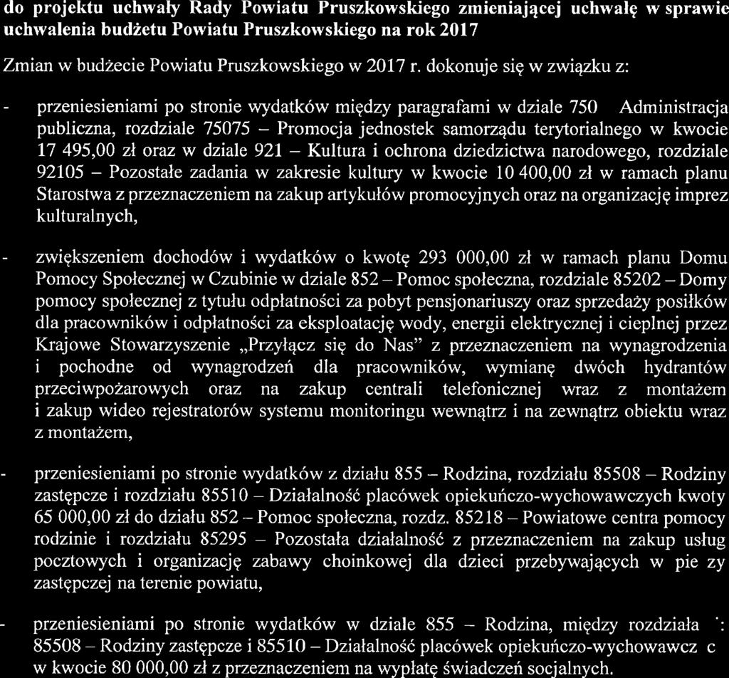 UZASADNIENIE do projktu uchwały Rady Powiatu Pruszkowskigo zminiającj uchwałę ]v sprawi uchwalnia budżtu Powiatu Pruszkowskigo na rok 2017 Zmian w budżci Powiatu Pruszkowskigo w 2017 r.