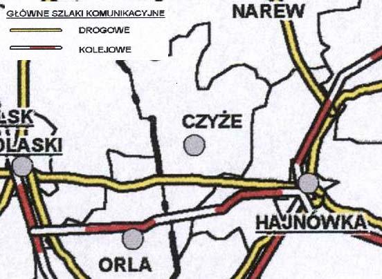 Mapa nr 2. Regionalna sieć komunikacyjna na terenie Gminy Czyże.